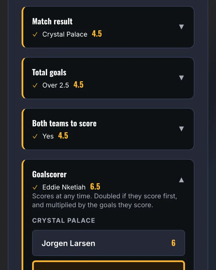 Building a Pickoff League pickslip: four markets already picked, each showing the selection and the points it is worth, the last of them the goalscorer market, still open below and listing a club's players with a points figure beside every name.