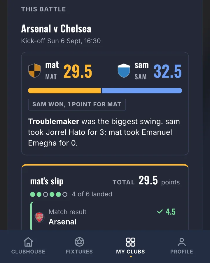 A settled Pickoff battle: two club members' totals either side of a swing bar, with the sentence naming the leg that decided it.