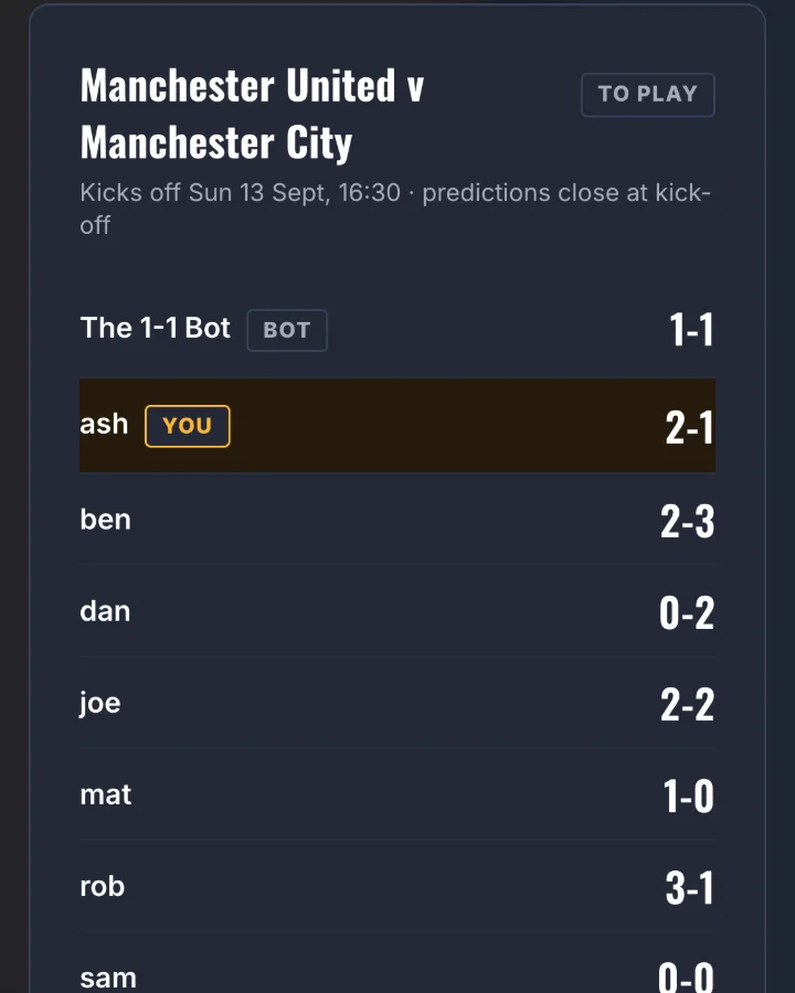 A locked Points Are Bad round: a fixture with every player against a different scoreline, no two the same, and the member's own row lit.