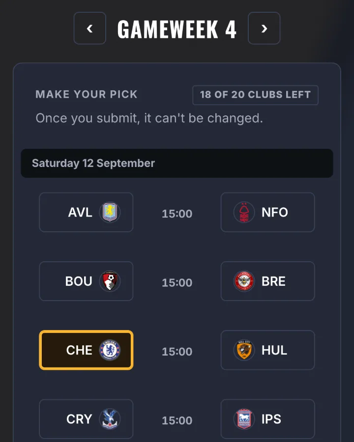 The Last Man Standing picker: a gameweek's fixtures with each club a tile carrying its short code, and Chelsea chosen and ringed.